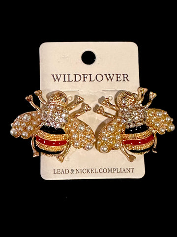 Large Rhinestone & Pearl Bee Earrings