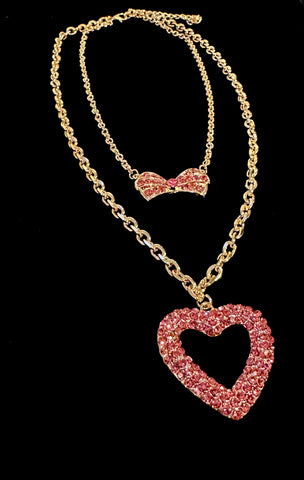 2 Tier Gold Chain Pink Rhinestone Heart & Bow Necklace