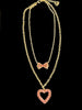 2 Tier Gold Chain Pink Rhinestone Heart & Bow Necklace