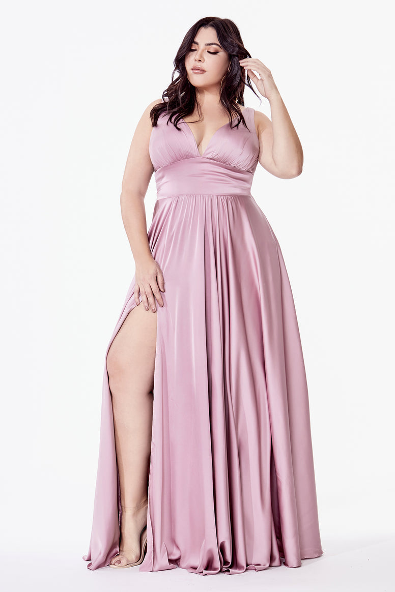 Satin flowy A-line dress with leg slit, open back and v-neckline.