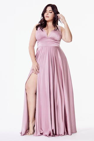 Satin flowy A-line dress with leg slit, open back and v-neckline.