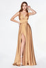 Satin flowy A-line dress with leg slit, open back and v-neckline.