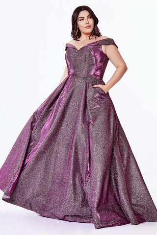 Off the shoulder Curve Collection ball gown with glitter metallic finish and pockets