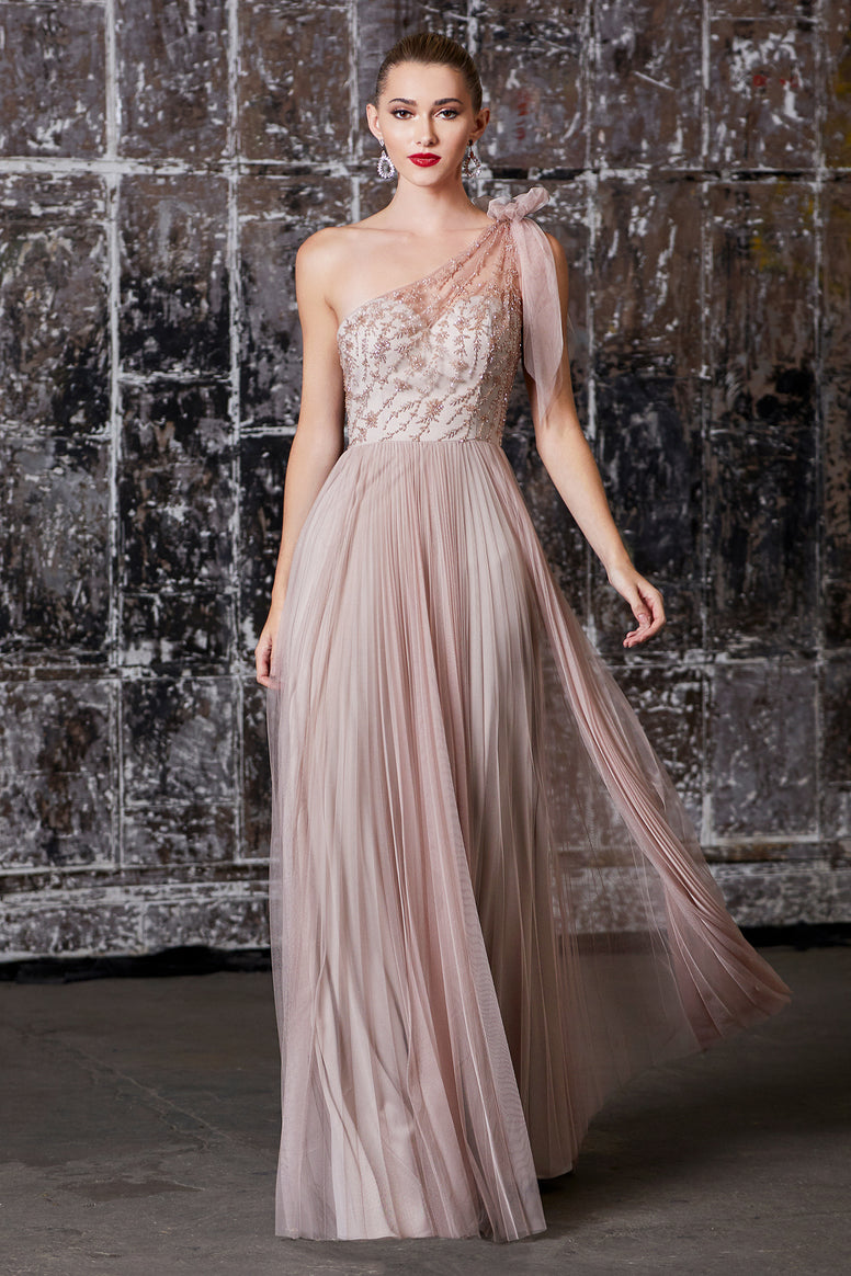 Mauve One Shoulder Beaded Bodice Gown with Pleated A-Line Skirt