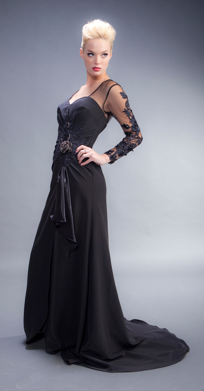 HFH1006 Heather French Henry Illusion Long Sleeve Black Gown