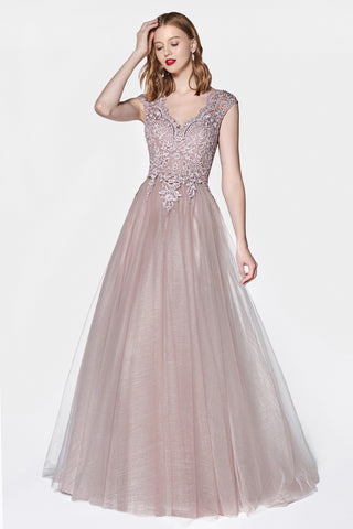 Mauve Flowy A-line tulle gown with cap sleeve and lace bodice.