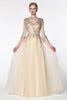 Magical flowy layered A-line tulle gown with three quarter sleeve and lace bodice.