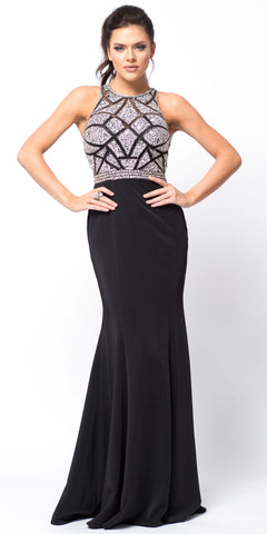 SLEEVELESS BEADED TOP HIGH NECK LONG PROM DRESS