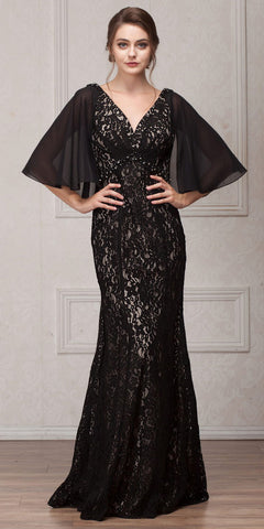 V-NECK FLORAL LACE SHEER CAPE LONG MOB GOWN