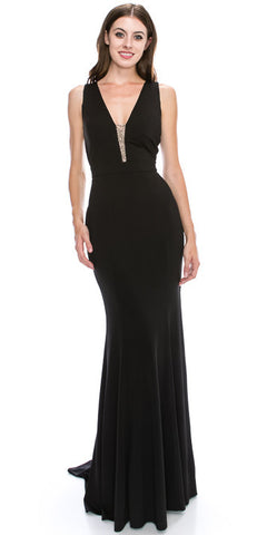 DEEP V-NECK BEADED ACCENT FITTED LONG FORMAL EVENING DRESS