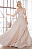 Off the shoulder ball gown with lace applique bodice and netted jacquard skirt