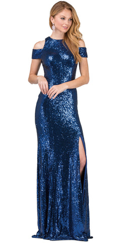 COLD SHOULDER KEYHOLE BACK SEQUIN LONG PROM DRESS