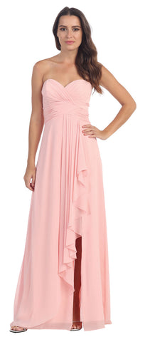 STRAPLESS PLEATED & RUFFLED LONG BRIDESMAID DRESS